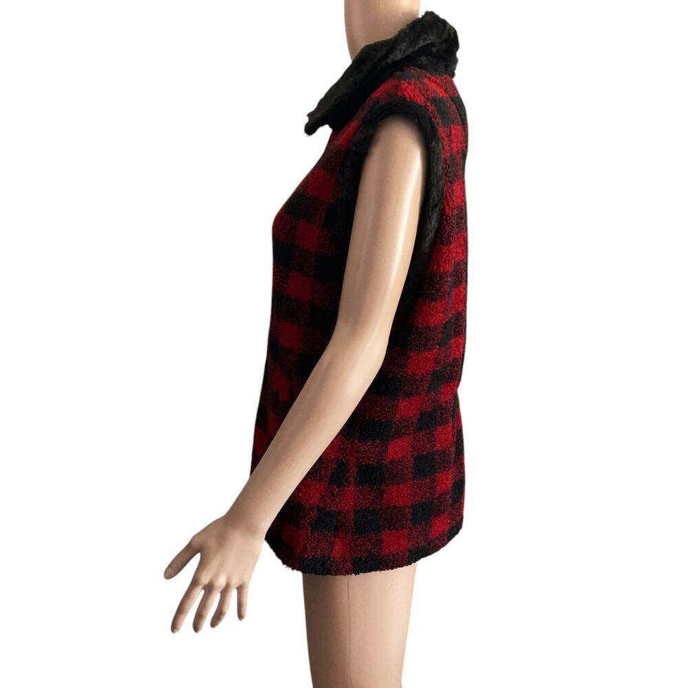 Woolrich Vest Womens Medium Tartan Black Red Plaid Faux Fur Collar - Picture 9 of 11